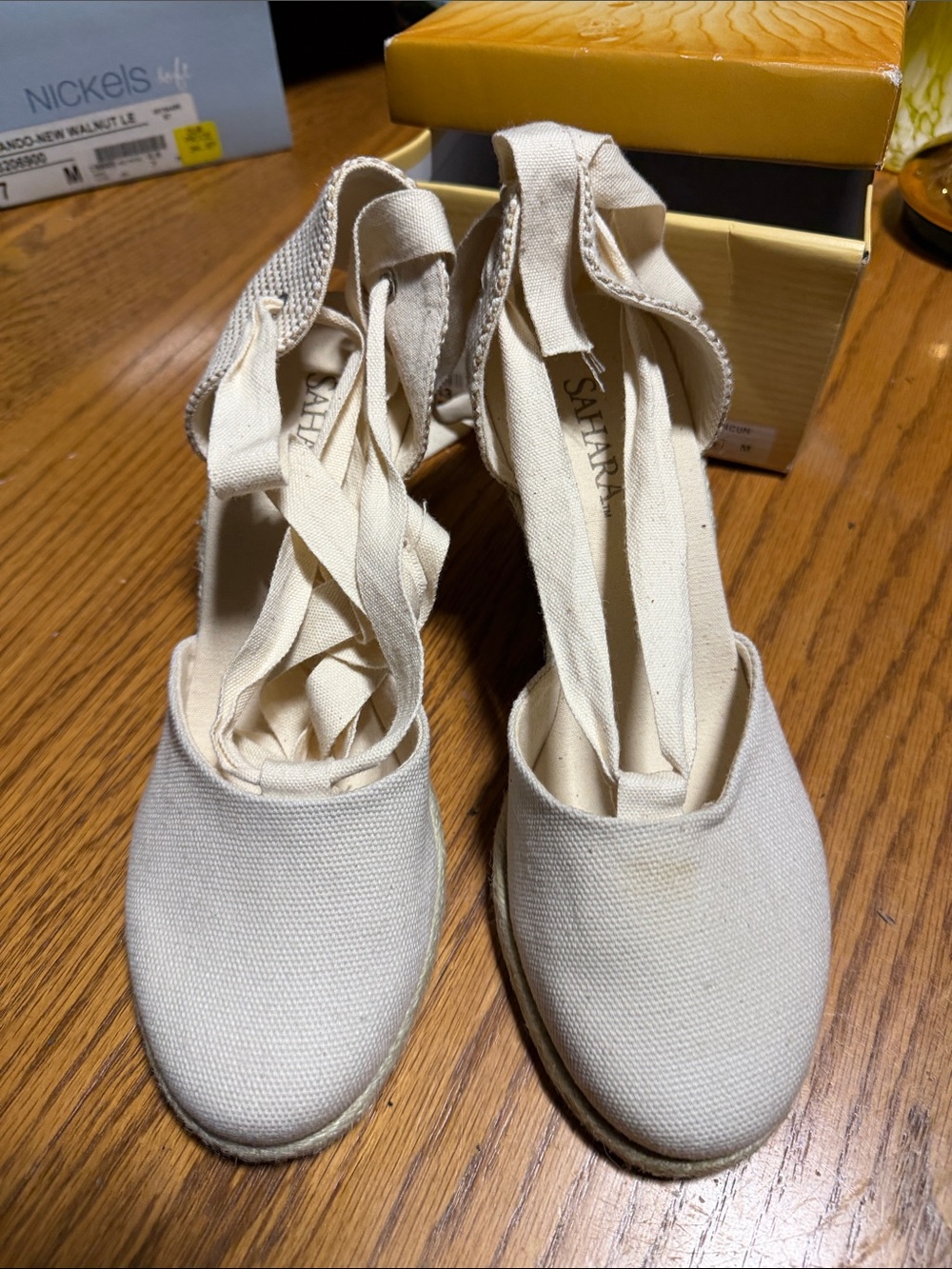 Sahara Cancun Size 8 Canvas Espadrille Wedges in Cream with Ankle Wraps